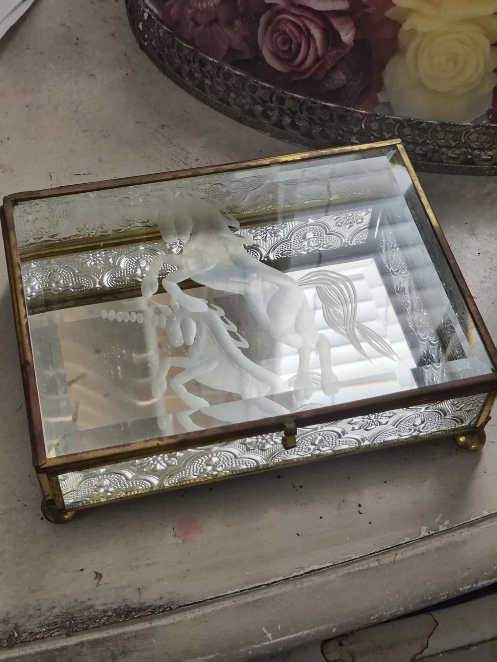 Vintage Brass & Embossed Glass Unicorn Jewelry Box Etched Frosted Glass Trinket
